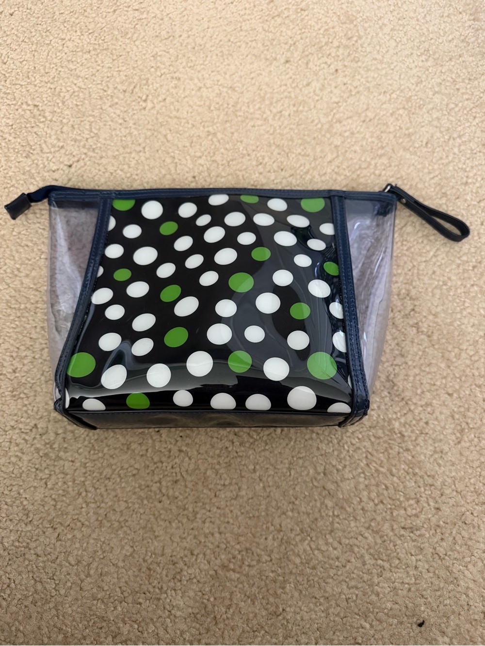 Vera Bradley Clear Cosmetic Pouch with Black, White and Green Polka Dots